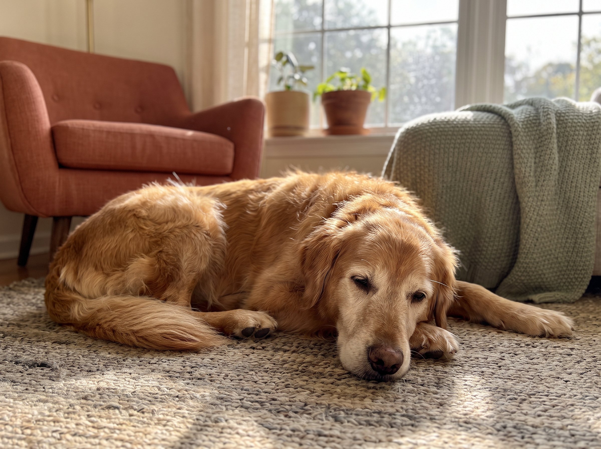A senior dog resting on a rug in a warm, sunlit living room