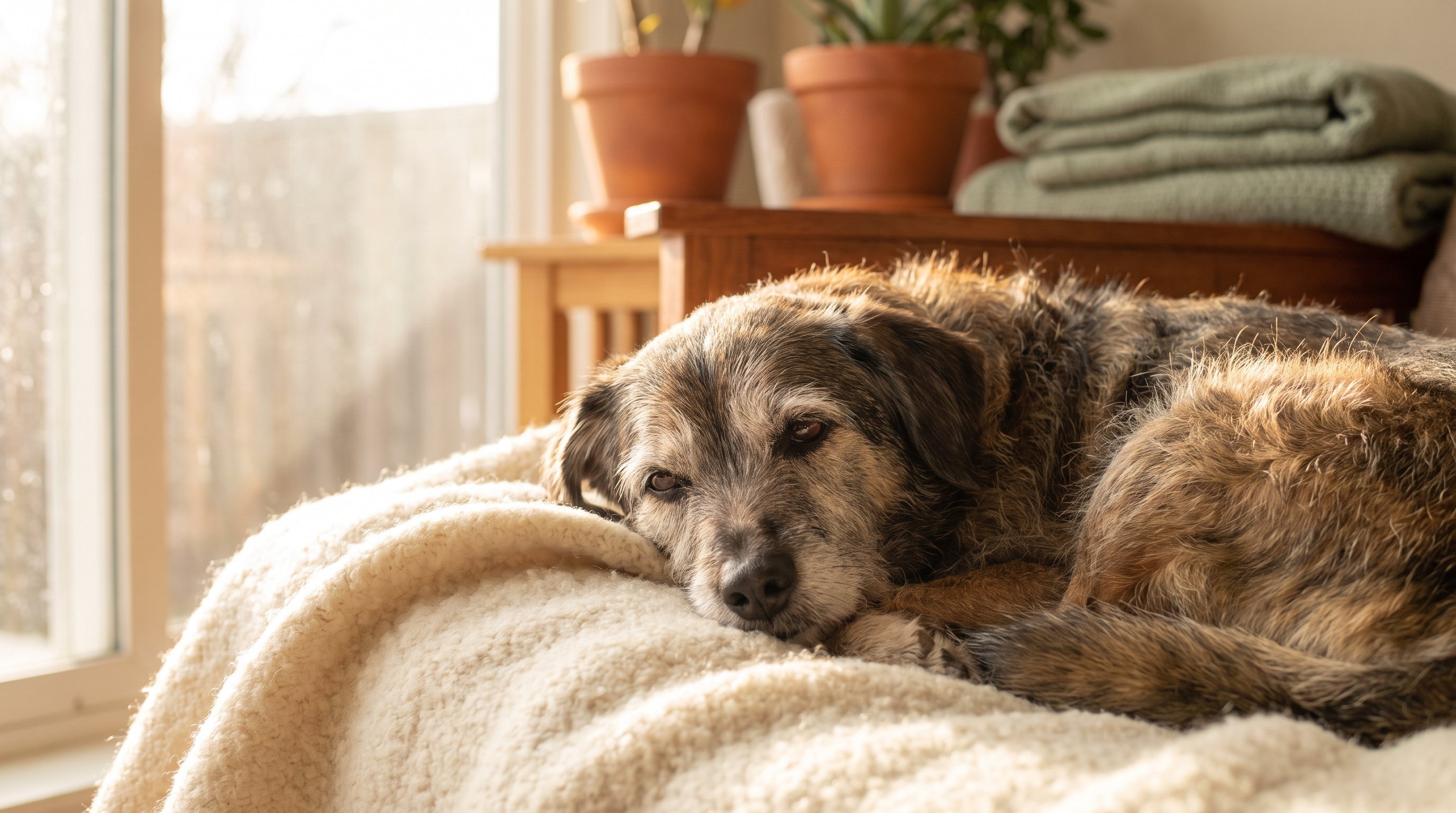 A senior dog resting contentedly on a soft blanket in warm afternoon light